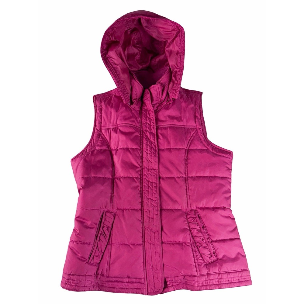New York & Company Fuchsia Hooded Puffer Vest Women's Medium Quilted Bright Puff